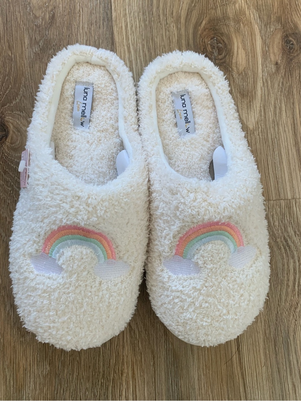 Luna Mellow Luxe Rainbows Slippers Medium 6.5-7.5 Memory Foam Slip-On Sherpa